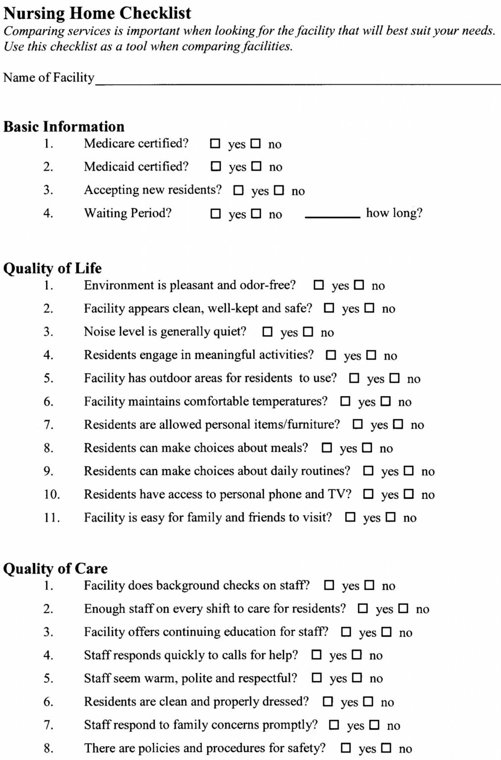 Alliance For Better Long Term Care Nursing Home Checklist Words