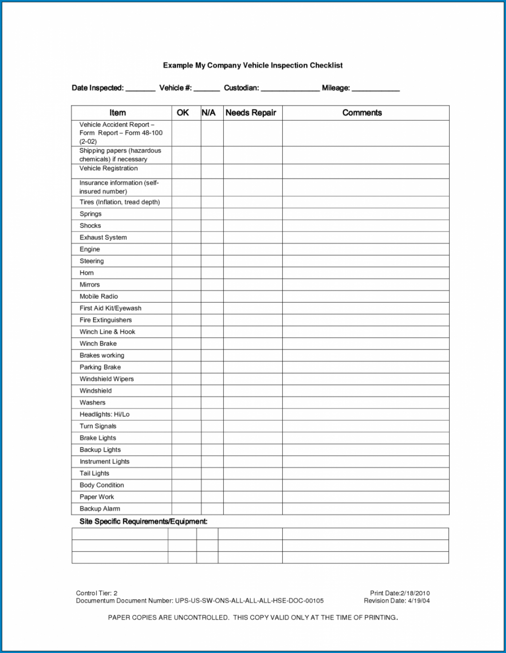 Truck Maintenance Checklist Template
