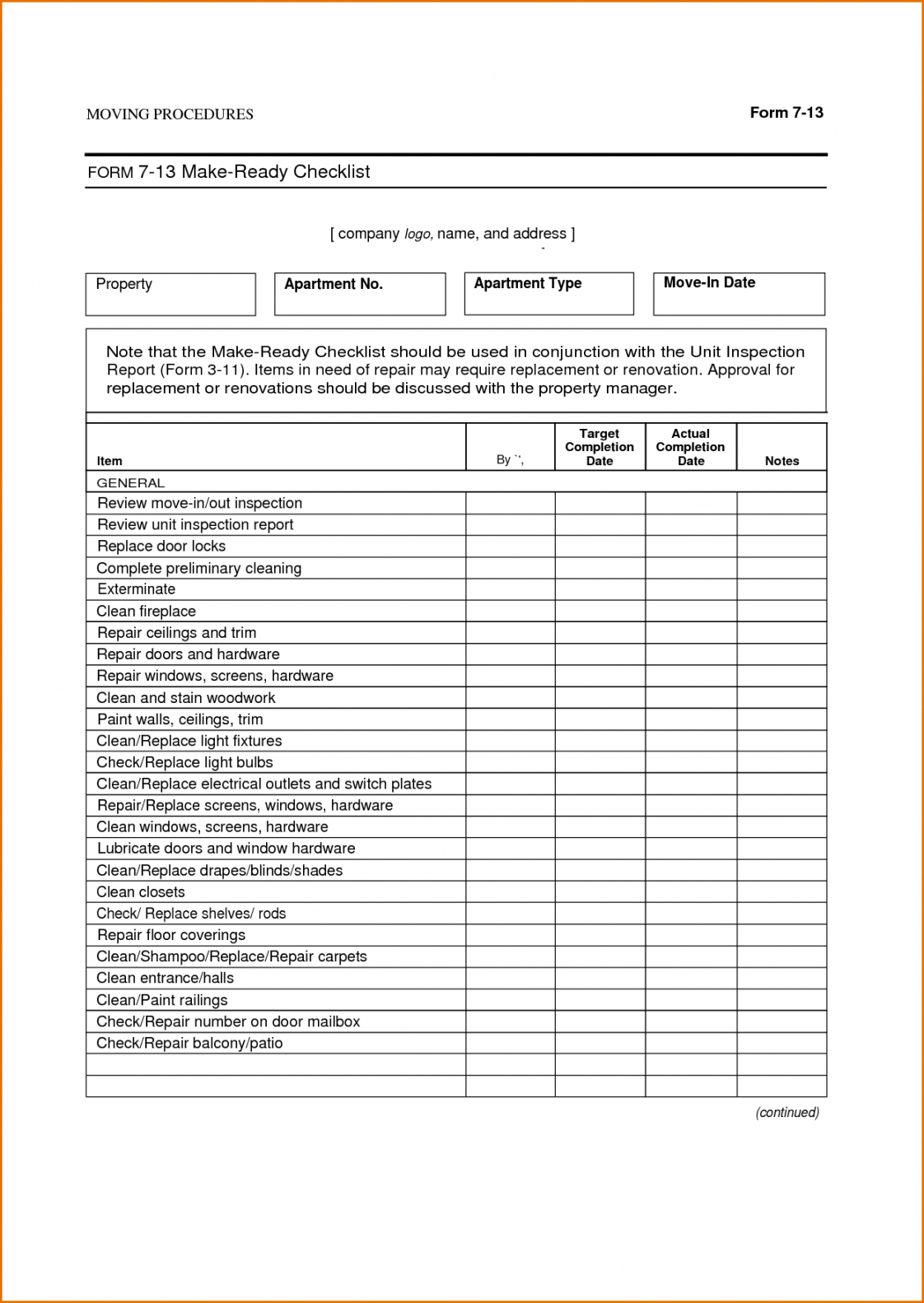 Make Ready Checklist Template