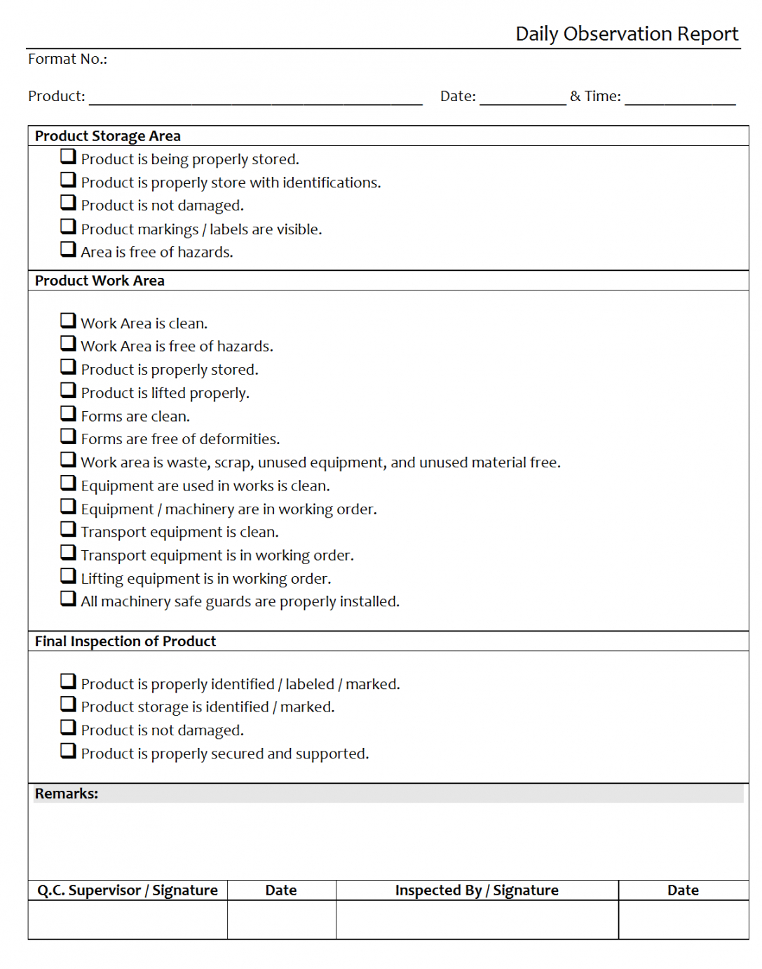 daily observation report safety observation checklist template doc