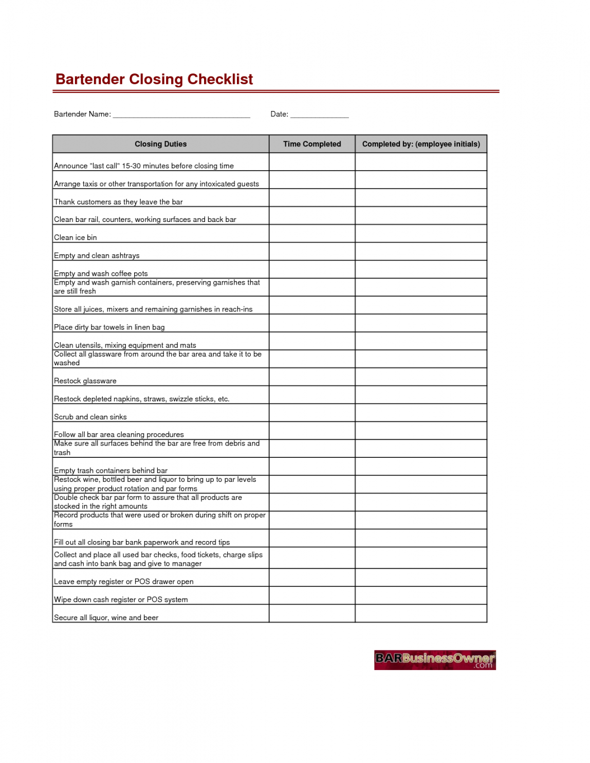 Shift Checklist Template