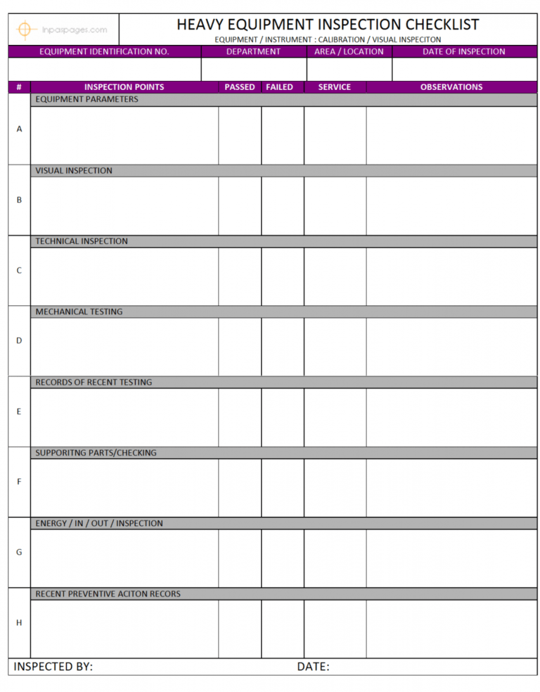 Editable Construction Equipment Inspection Checklist In Fipix Vehicle ...