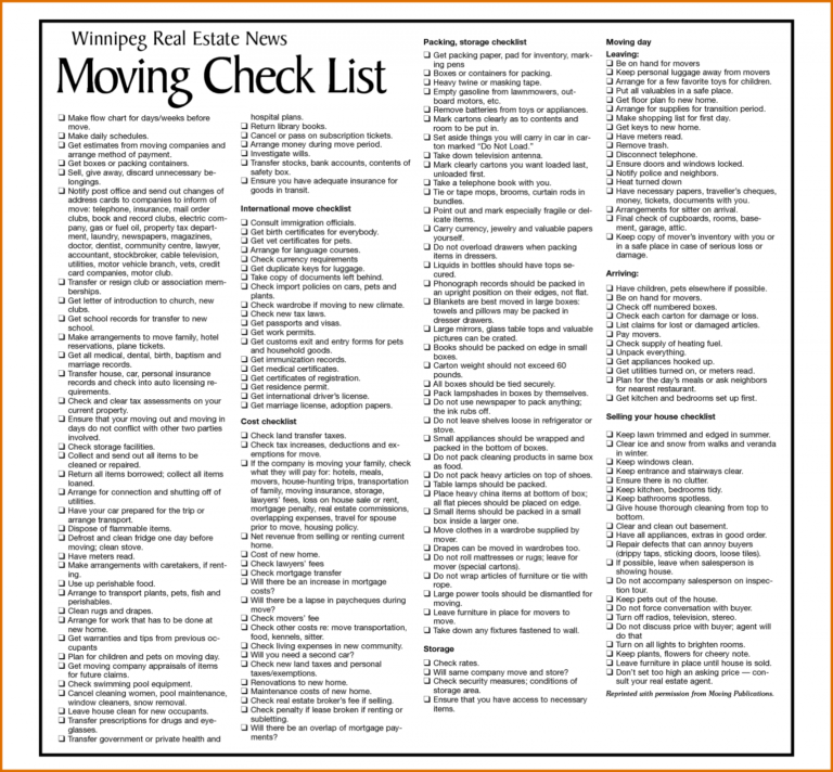 moving checklist for new location