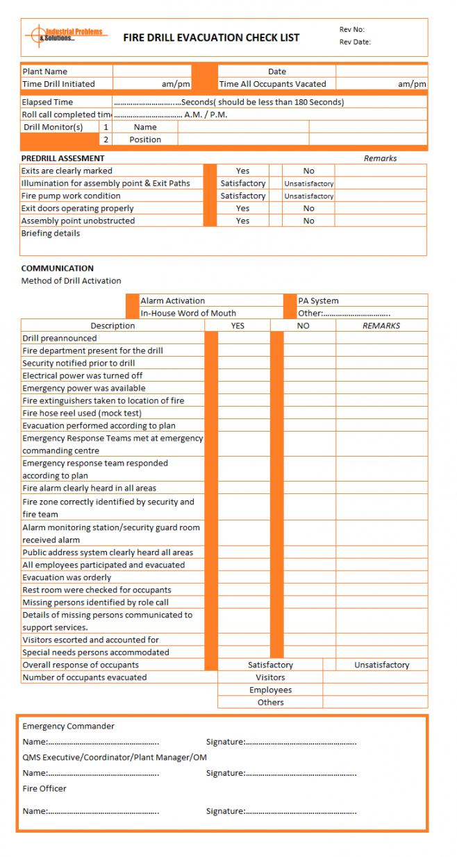 editable fire drill evacuation checklist  format  example  template fire evacuation checklist template