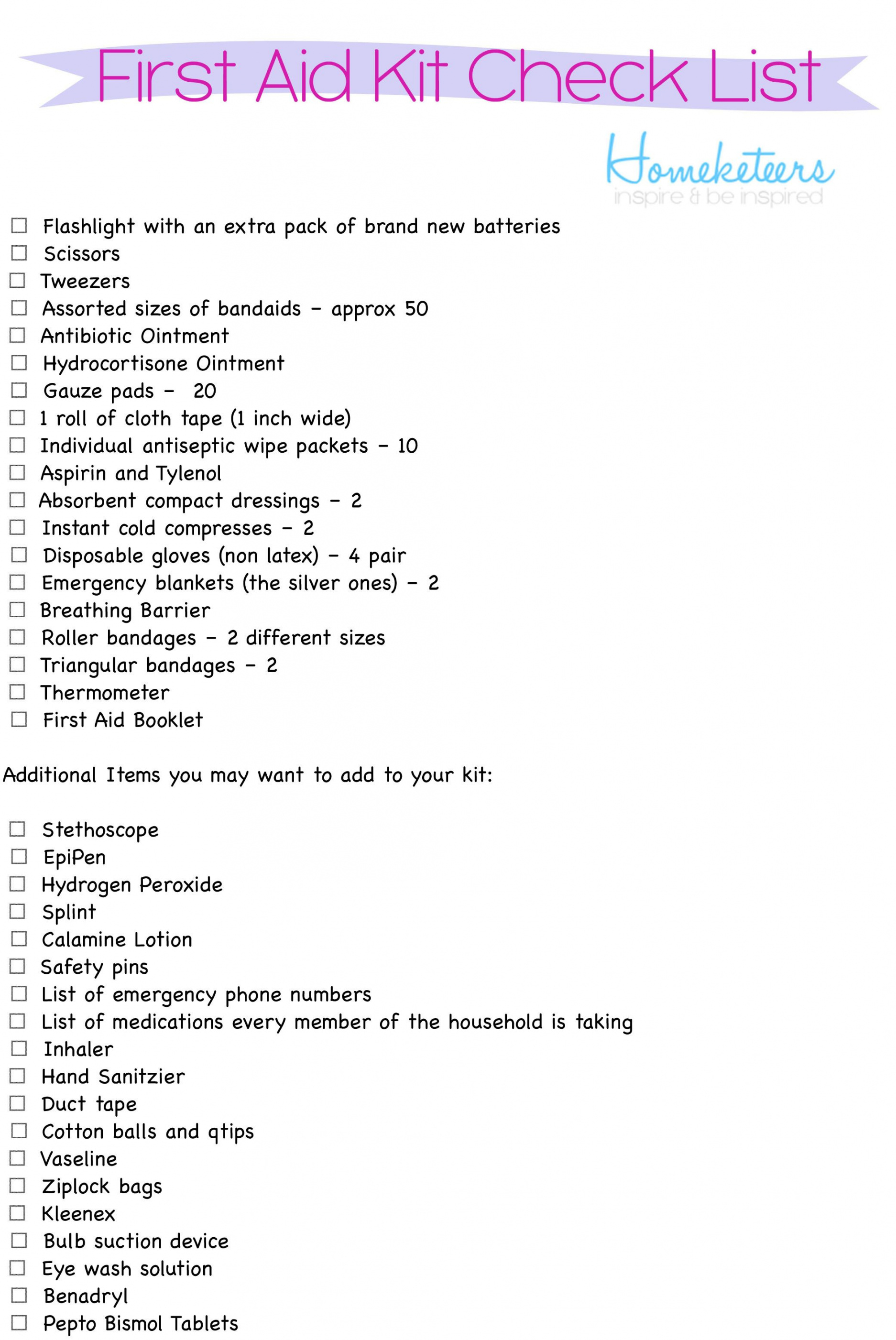 editable first aid kit check list printable  prepared  first aid  first first aid supply checklist template excel