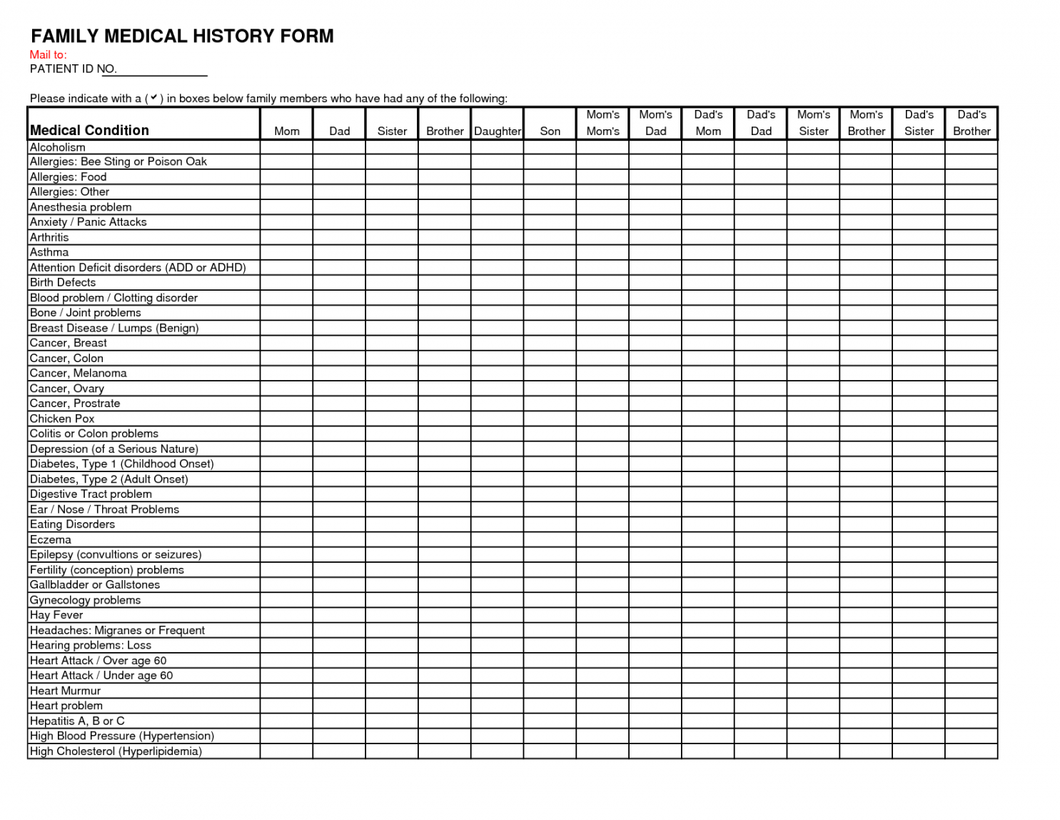 editable free form example » family health history form  free form medical history checklist template examples