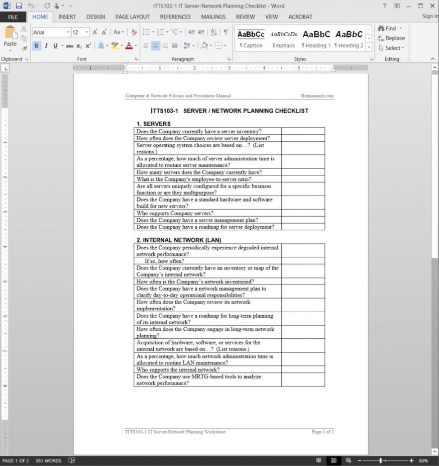 editable it server network planning checklist template technical checklist template samples