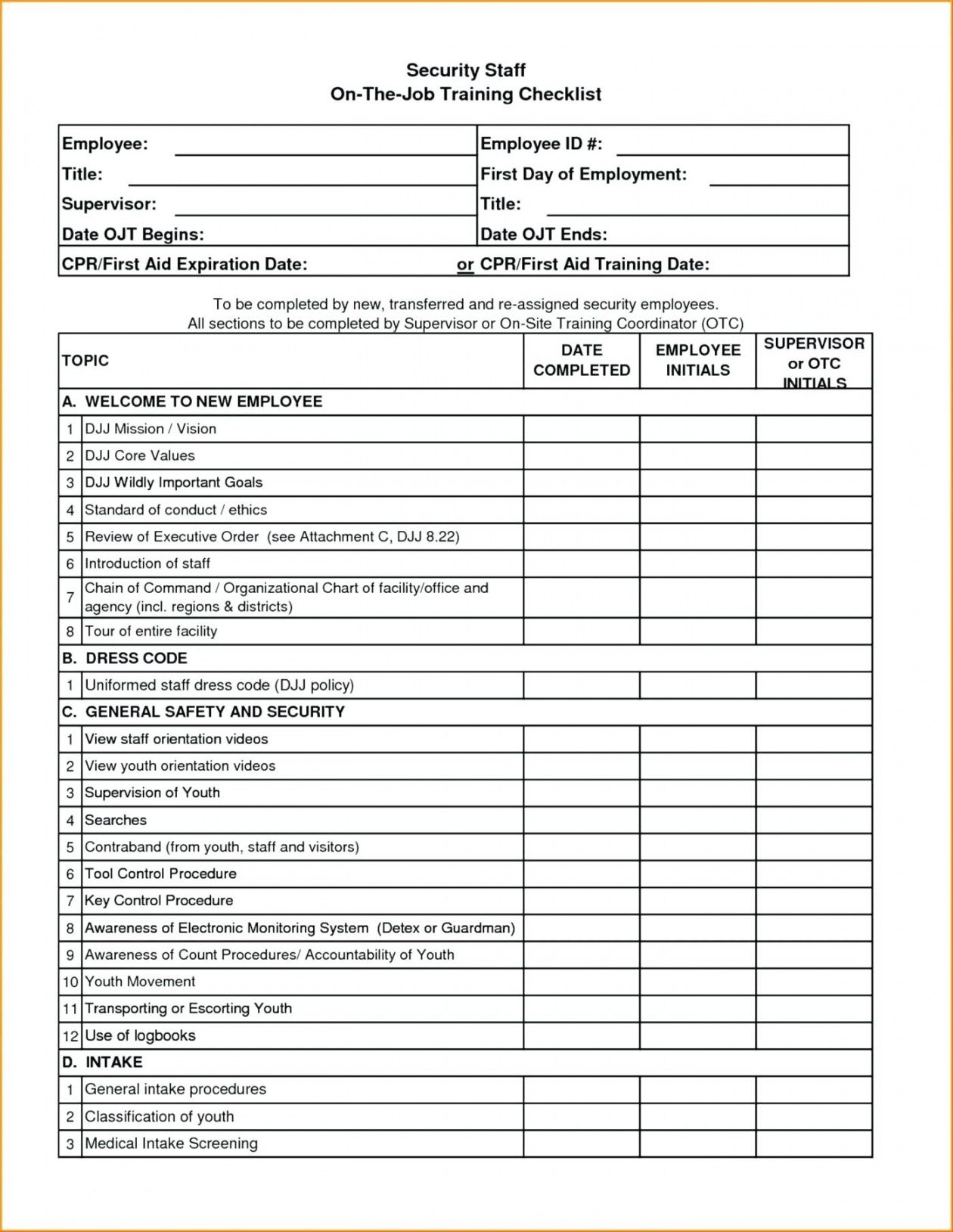 Ojt Training Checklist Template