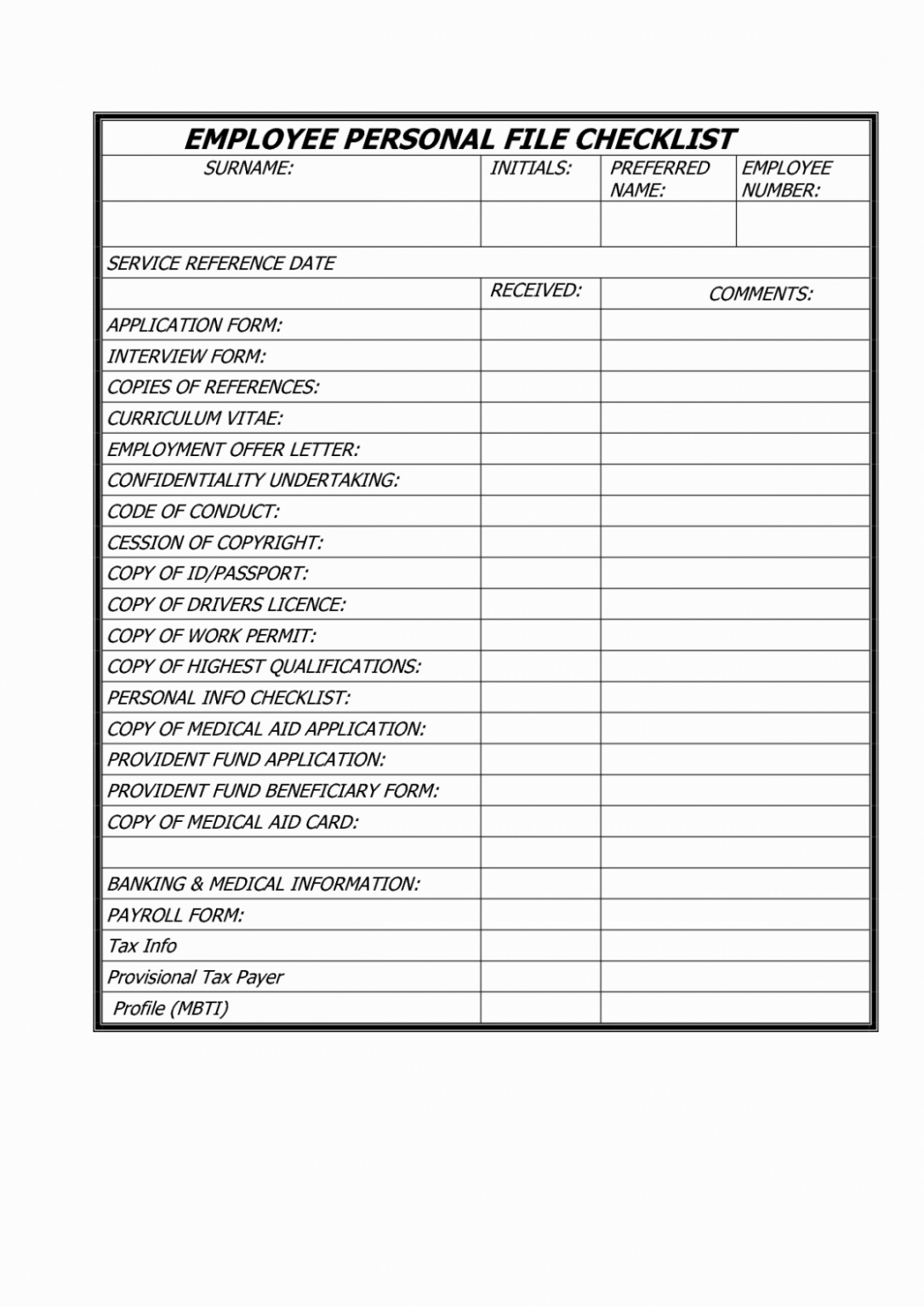 Editable Personnel File Checklist Template Cranfordchronicles Employee 