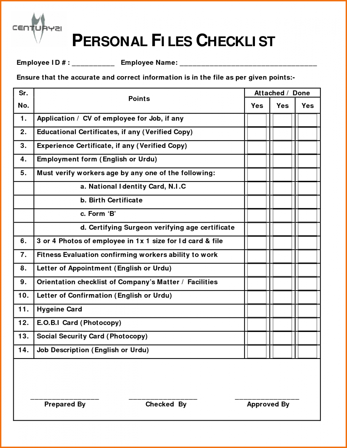 Employee Personnel File Checklist Template