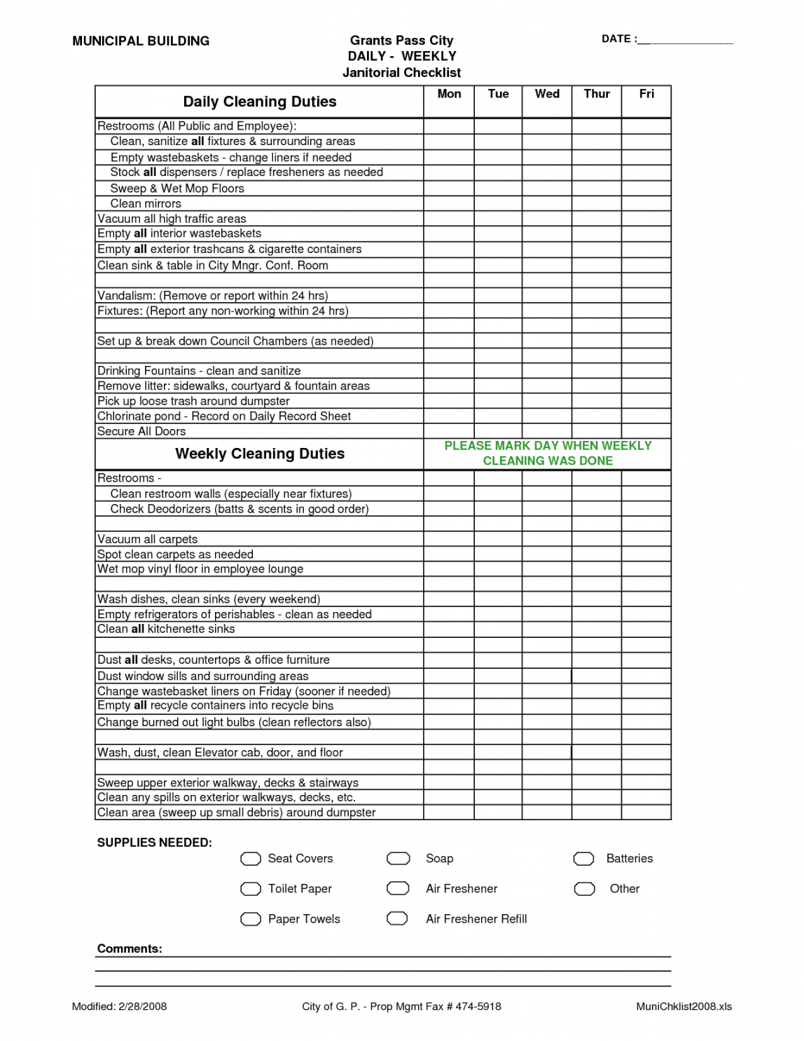Janitorial Cleaning Checklist Template