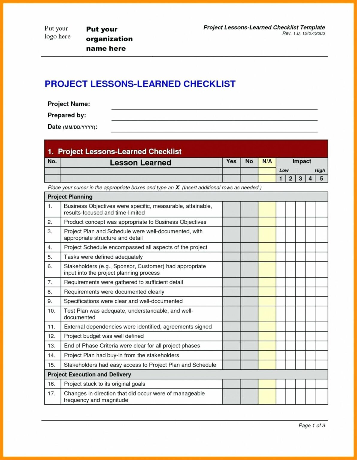 Free Project Checklist Template Word