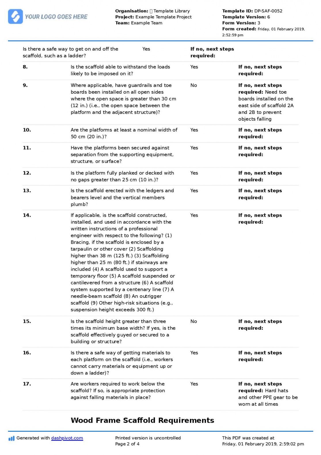 editable scaffold inspection checklist free template daily or weekly inspection scaffold inspection checklist free template pdf