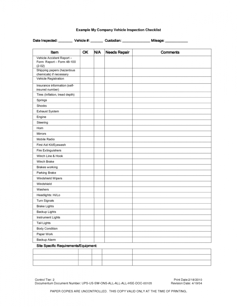 Editable Vehicle Inspection Checklist Template Truck Preventive Nce