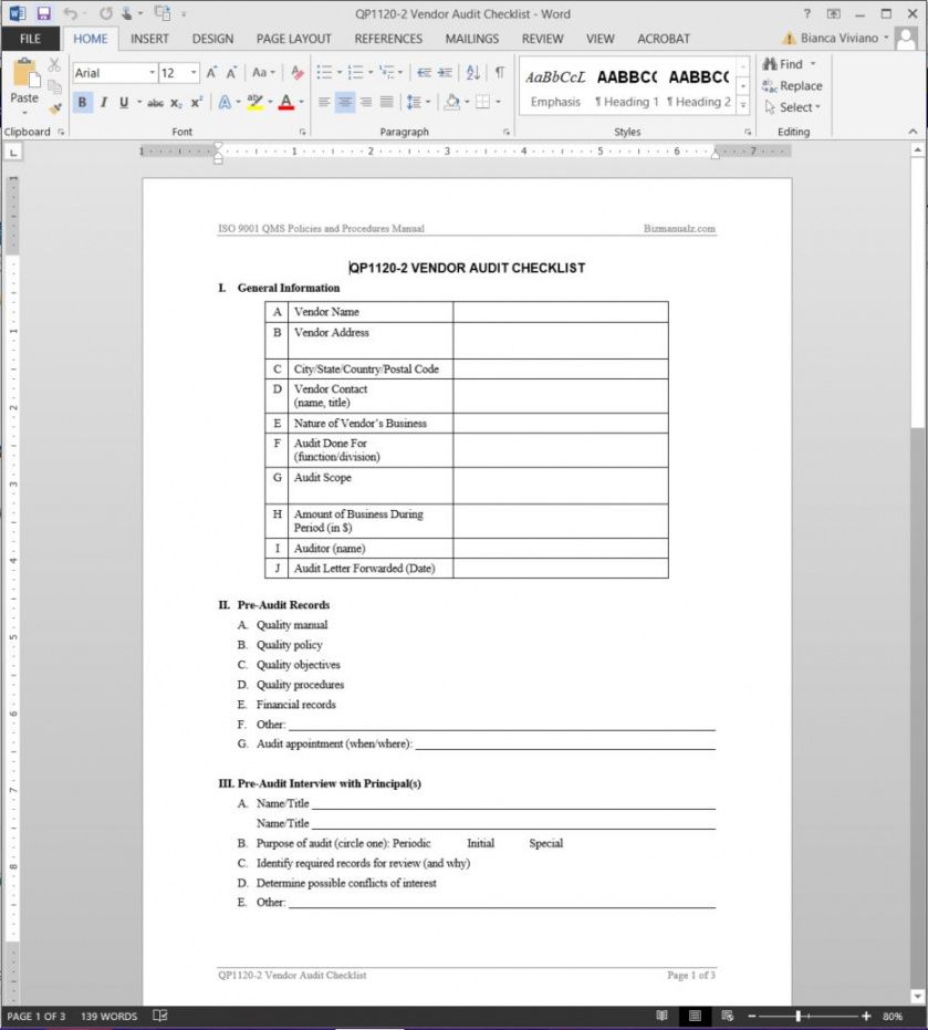 editable vendor audit checklist iso template new vendor checklist template doc