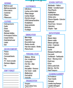 editable what to bring college free dorm packing list printable checklist college checklist template examples