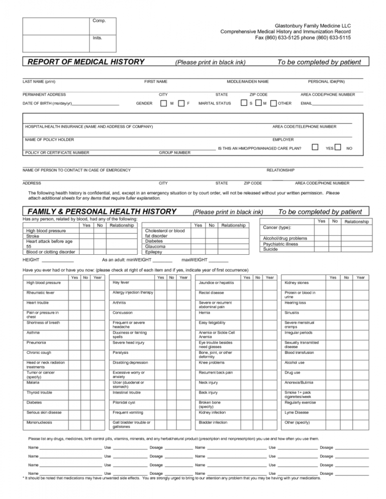 Family Medical History Form Template Captaincicerosco Medical History 