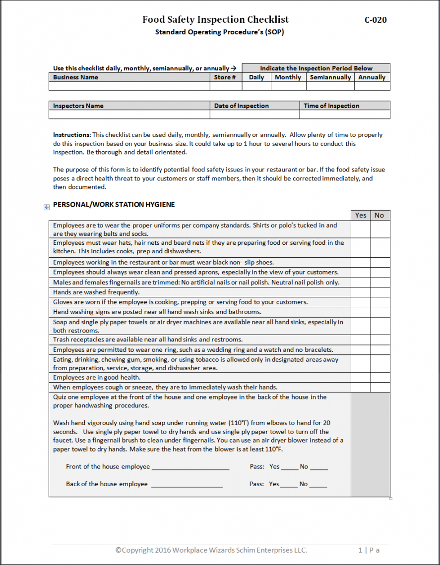 food safety inspection checklist  workplacewizards restaurant food safety inspection checklist template pdf