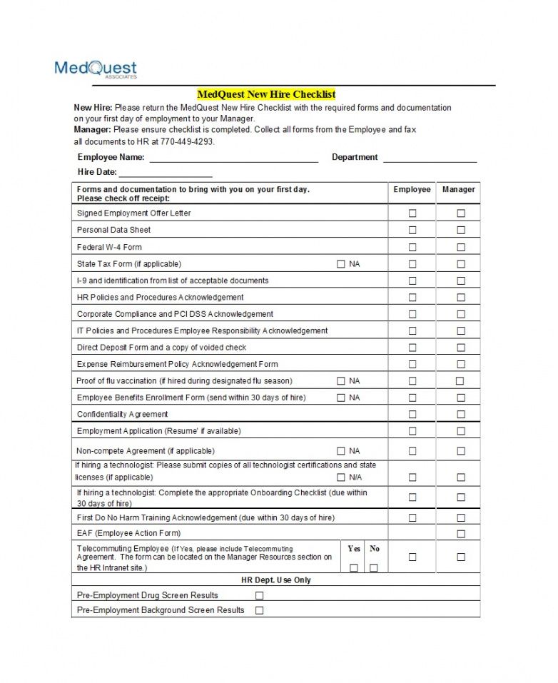 Pre Employment Checklist Template 7714