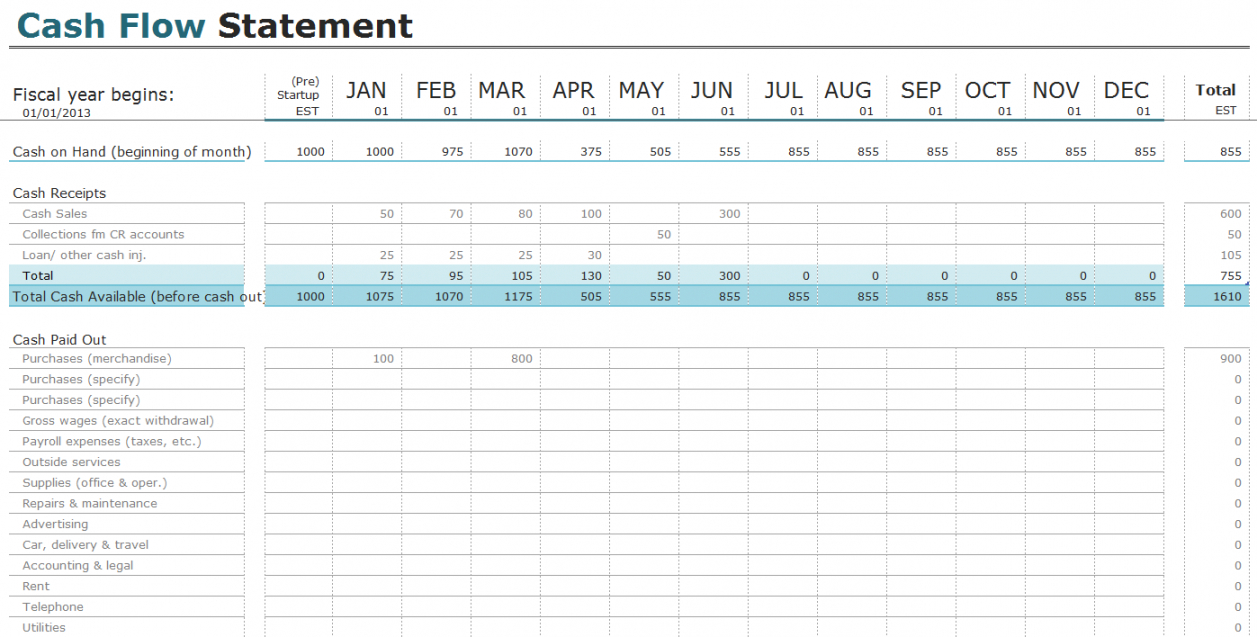 Microsoft Excel Cash Flow Statement Template ~ Excel Templates