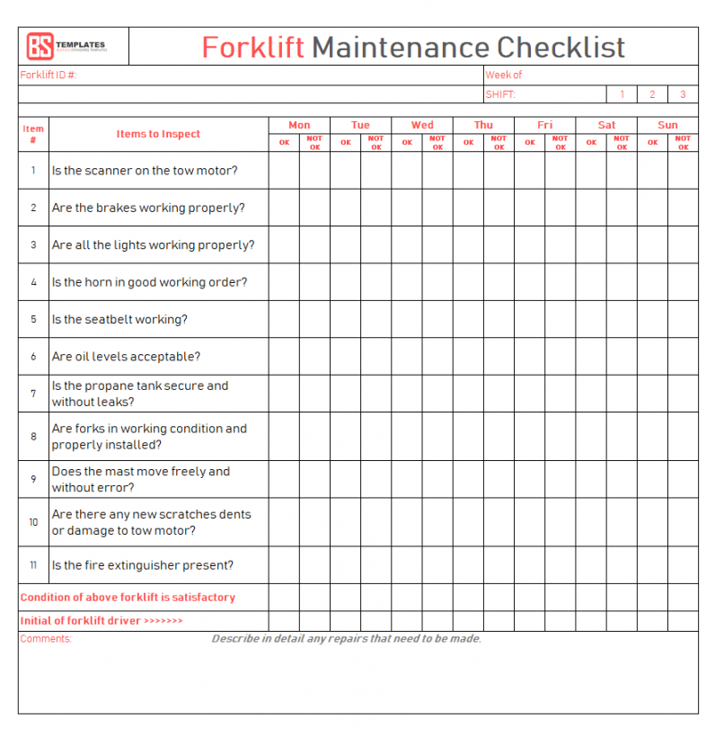 free checklist template samples forklift inspection maintenance daily forklift safety checklist template pdf