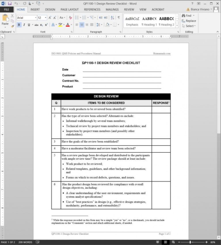 Free Design Review Checklist Iso Template Technical Checklist Template ...