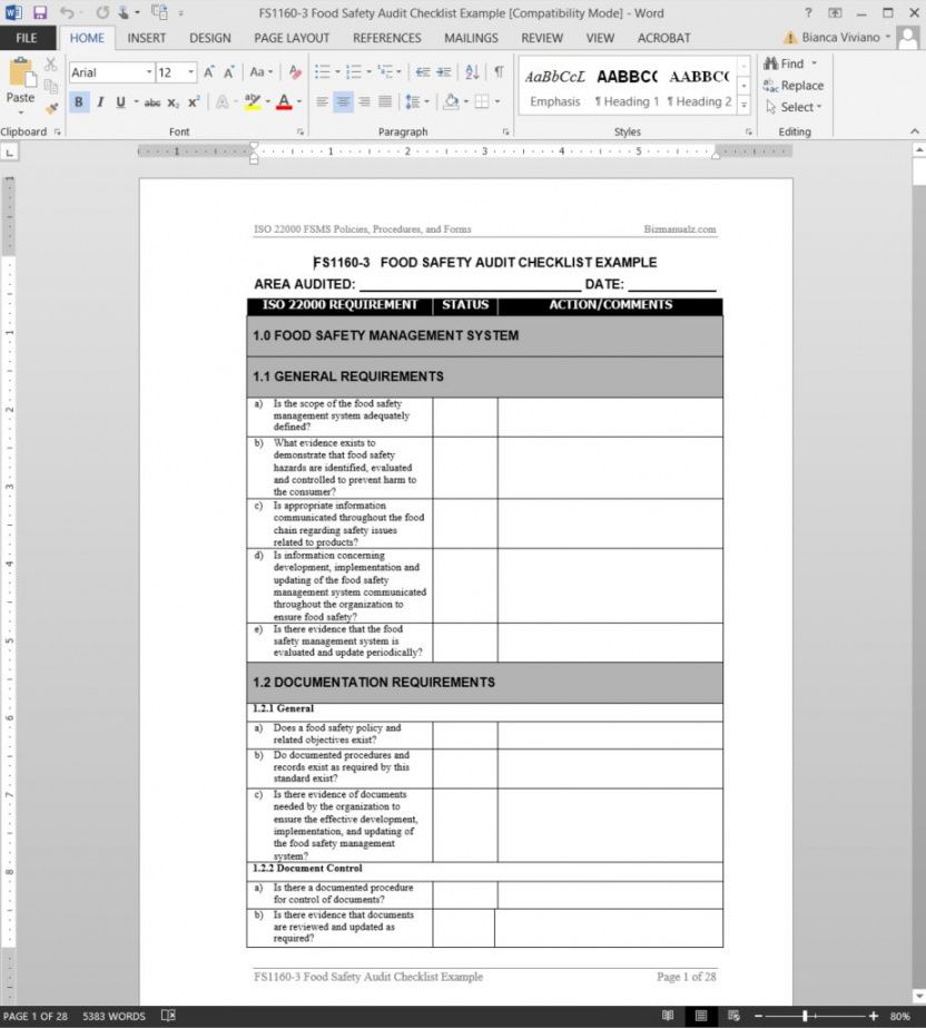 free fsms food safety audit checklist template food safety audit checklist template doc