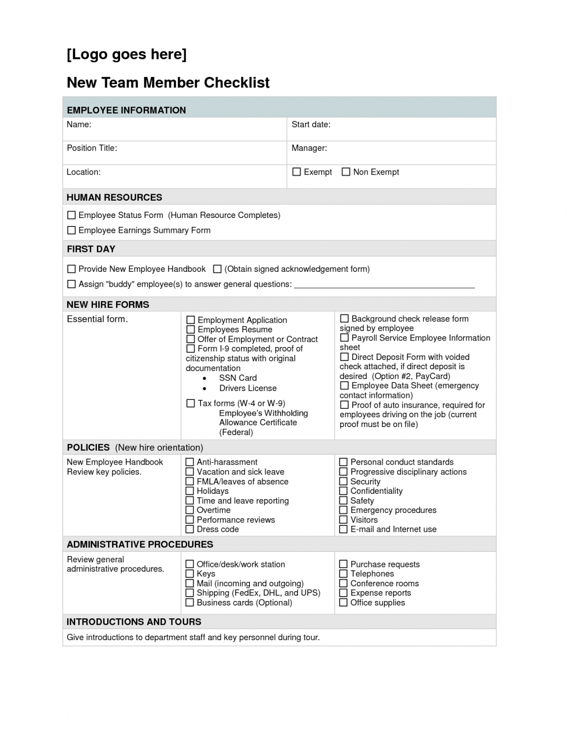 Employee File Checklist Template Word