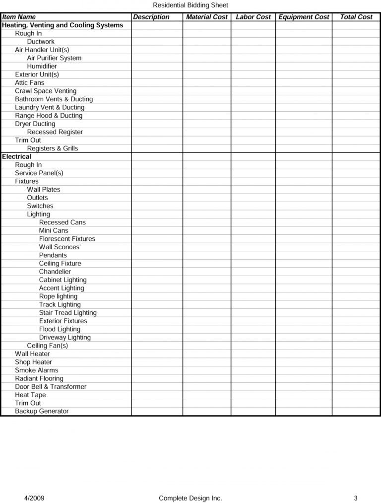 Free Residential Bidding Sheet Detailed Construction Bid Checklist ...