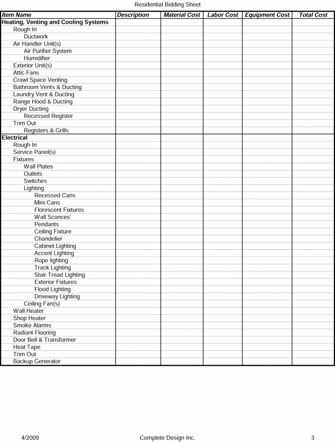 Free Residential Bidding Sheet Detailed Construction Bid Checklist Template Dremelmicro