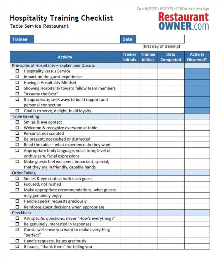 Free Restaurant Checklists Server Monitoring Checklist Template