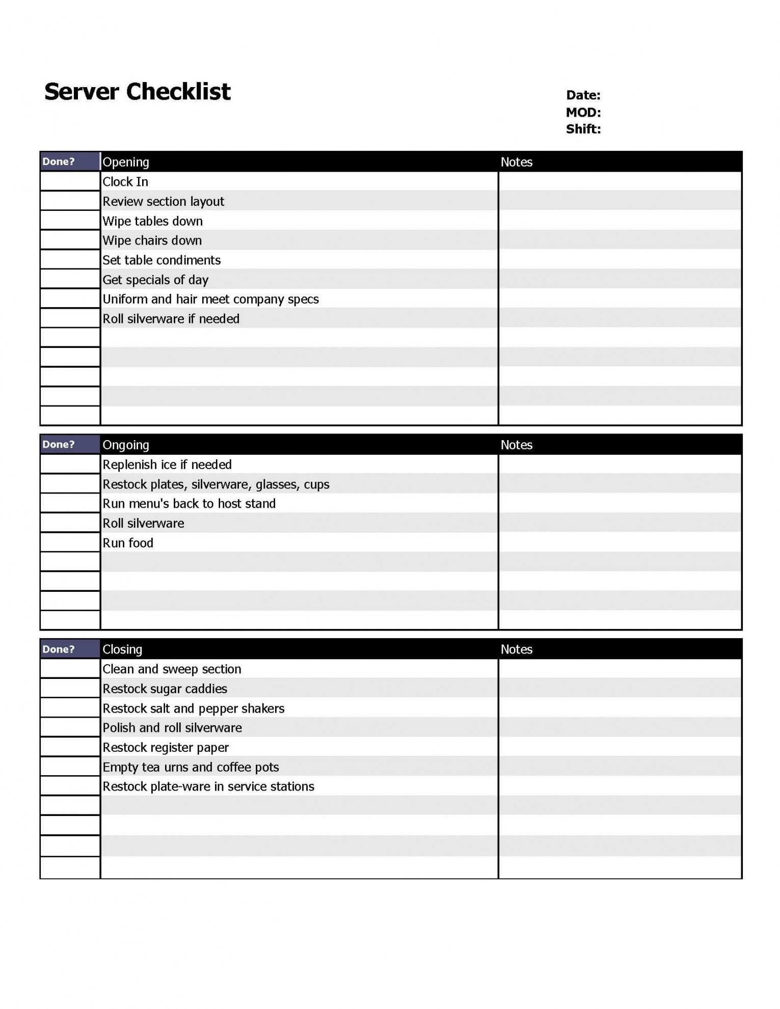 free restaurant server checklist form  organizing  restaurant service server monitoring checklist template excel