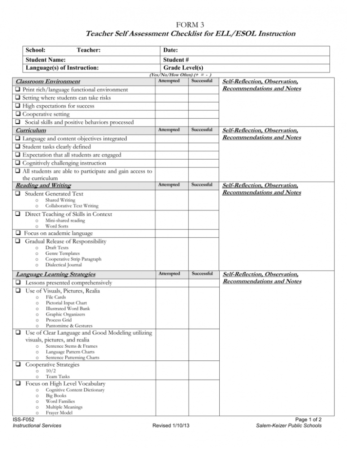 Teacher Checklist Template For Assessment