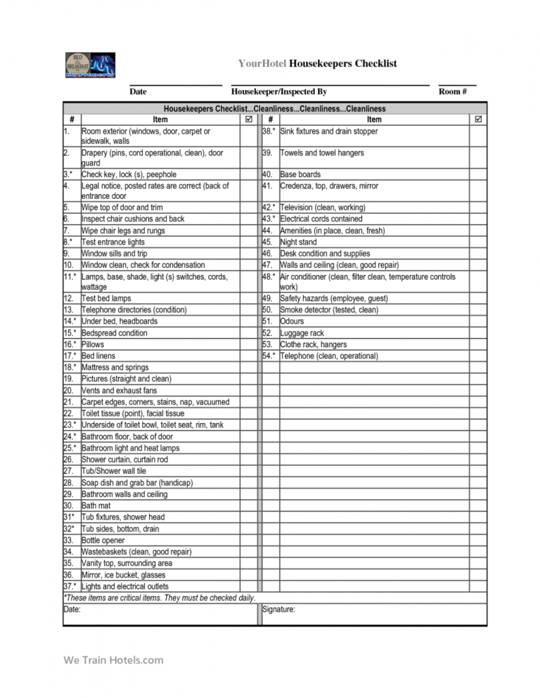 Hotel Checklist Template Samples Elroomcleaningchecklist House Hotel