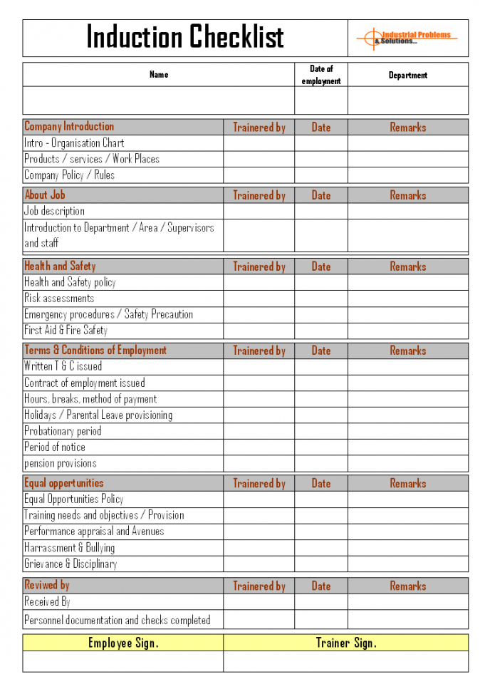 Induction Training To Employee Safety Training Checklist ...