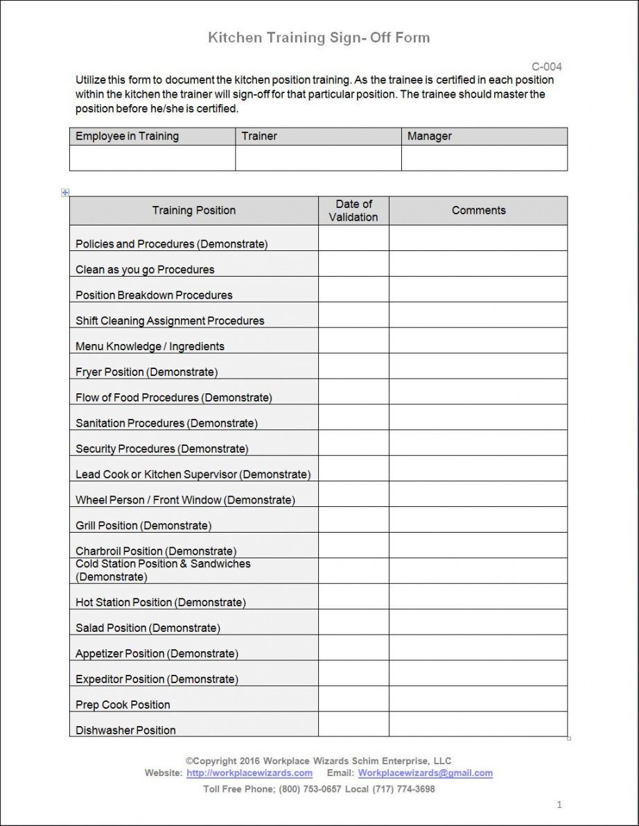 Ojt Training Checklist Template   Kitchen Training Checklist Workplace Wizards Restaurant Forms Plate Ojt Training Checklist Template Pdf 