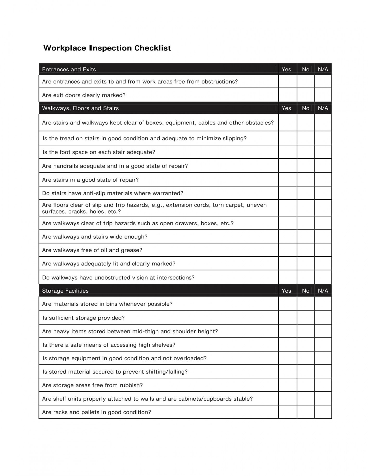 Workplace Safety Inspection Checklist Template Excel Sample Excel