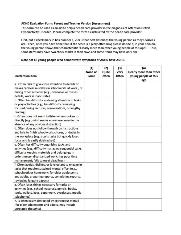 Printable Attention Deficit Hyperactivity Disorder Adhd Evaluation Form