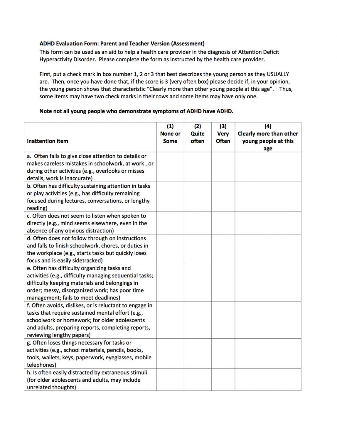 printable attention deficit hyperactivity disorder adhd evaluation form teacher checklist template for assessment excel