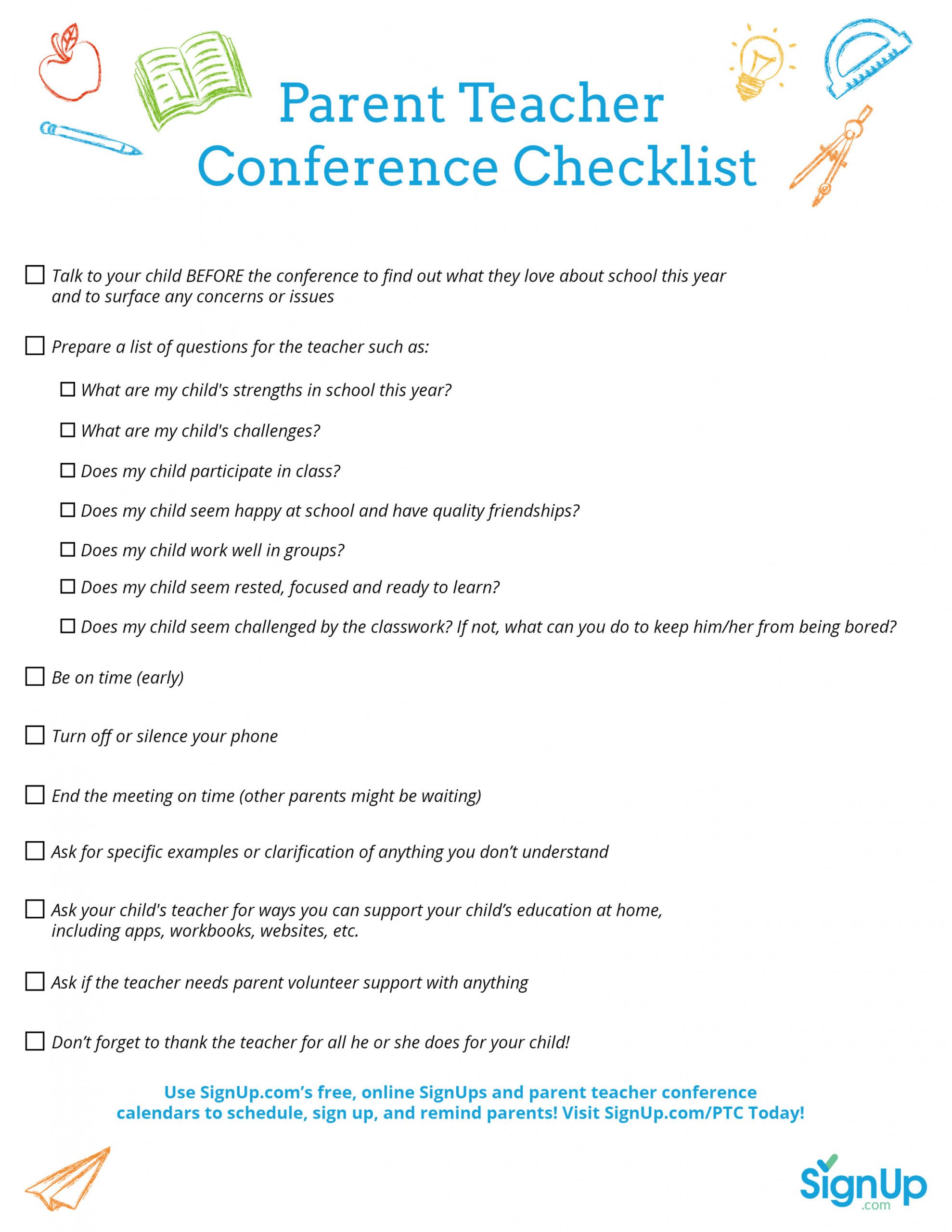 printable checklist for parentteacher conferences  signup parent teacher conference checklist template doc