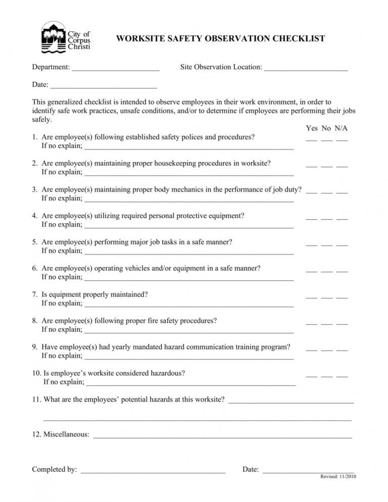 Printable Employee Safety Observation Checklist Appendix Behavior ...