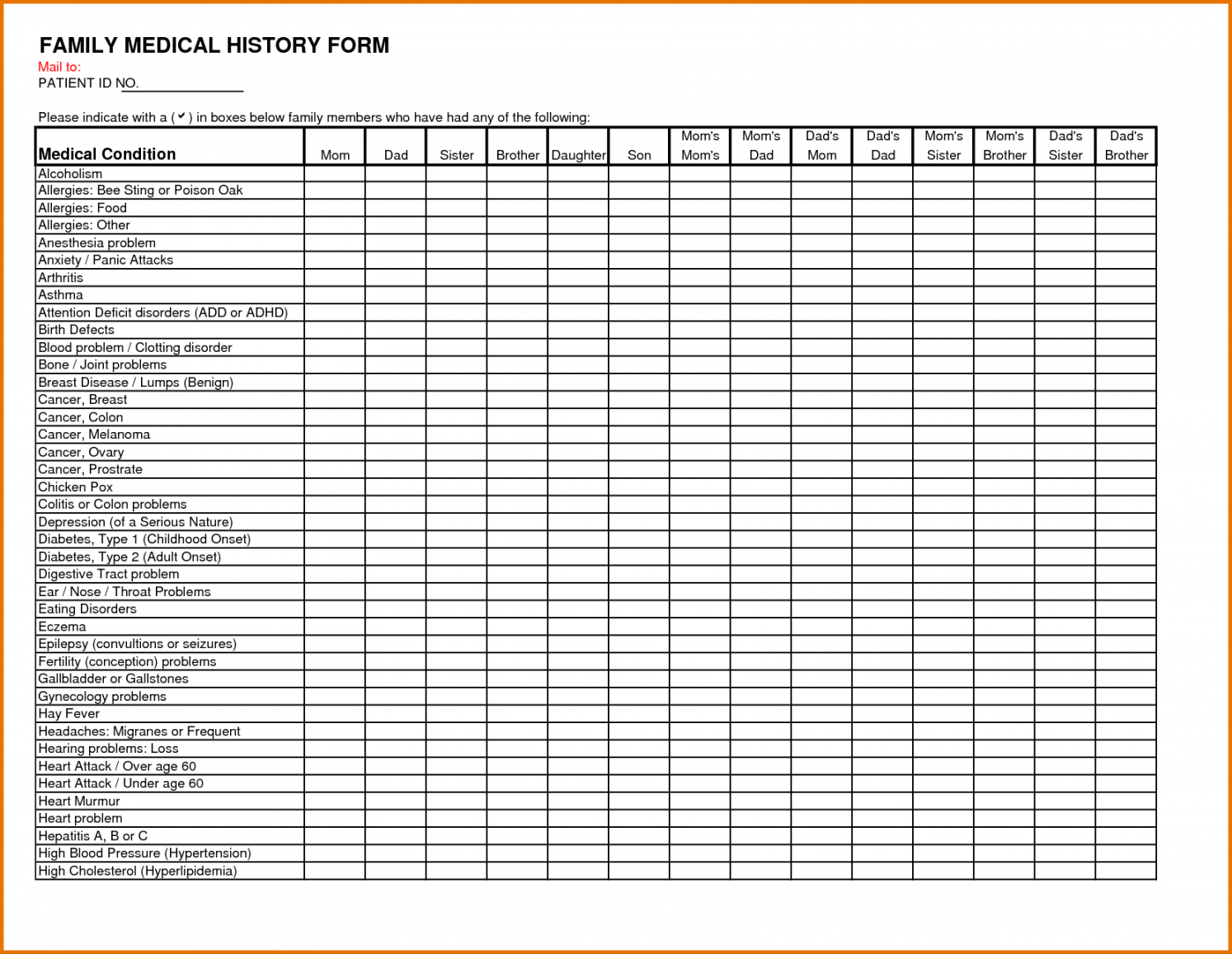 Family Medical History Form Printable