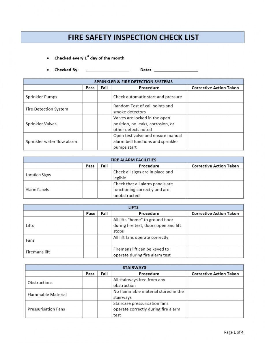 printable fire safety inspection checklist safety inspection checklist template examples