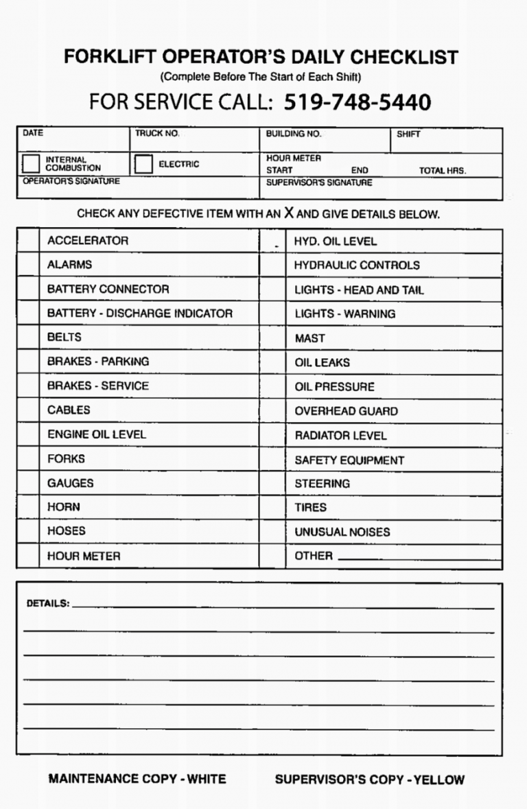 Printable Daily Forklift Inspection Checklist