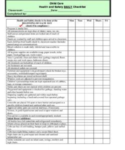 printable free printable child care health and safety daily checklist  eylf daycare checklist template