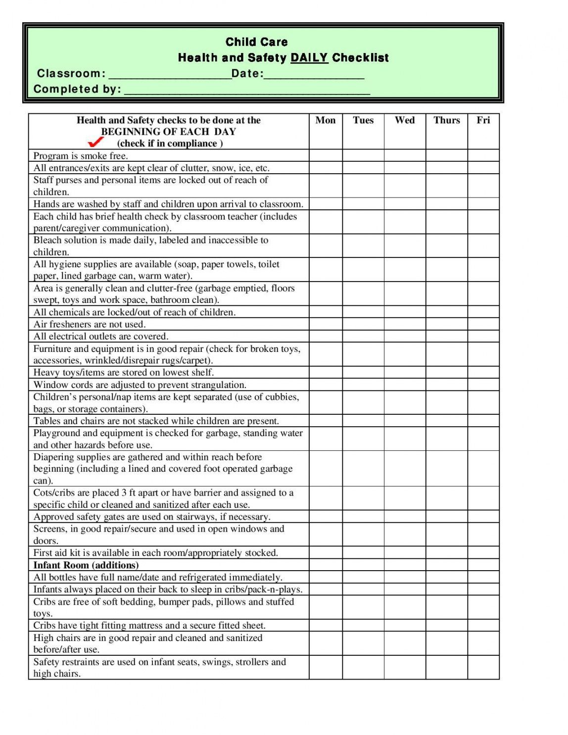 Printable Free Printable Child Care Health And Safety Daily Checklist 