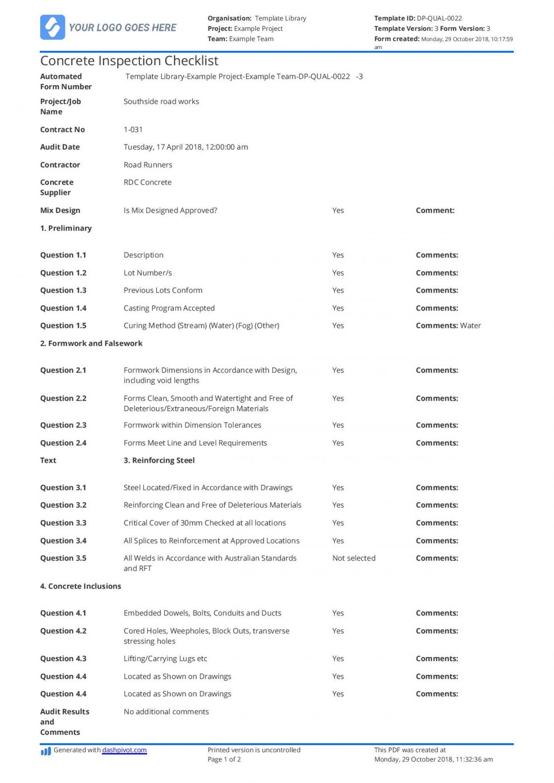 Quality Control Checklist Template Construction