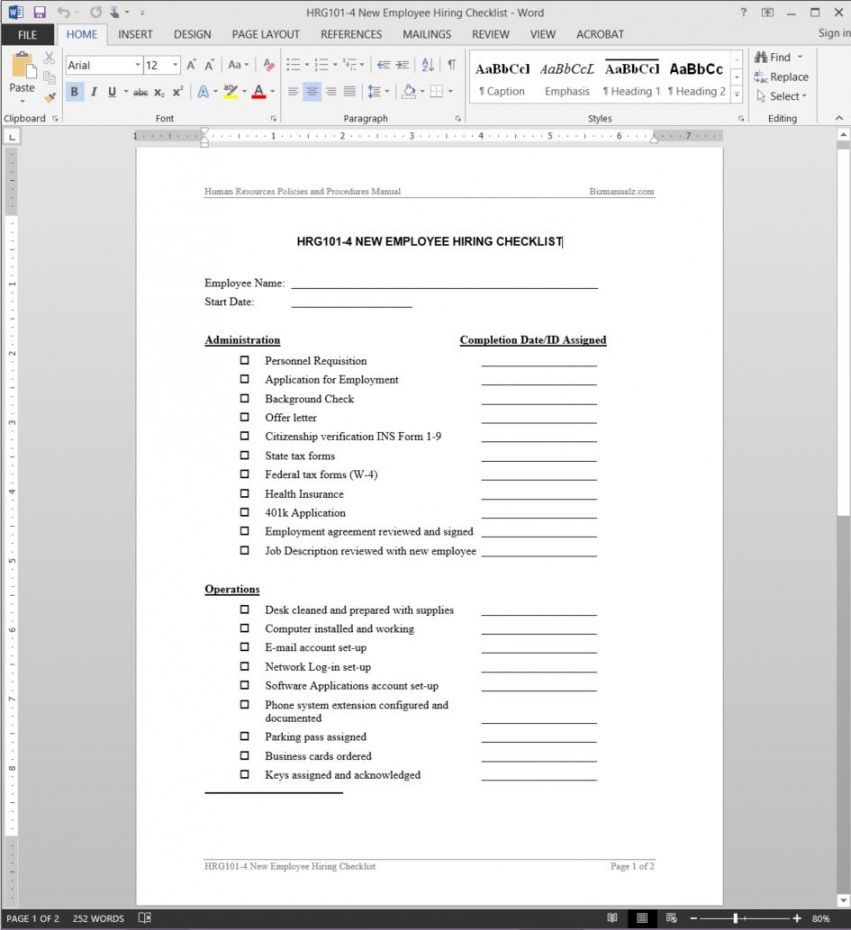 printable new employee hiring checklist template employee handbook checklist template doc