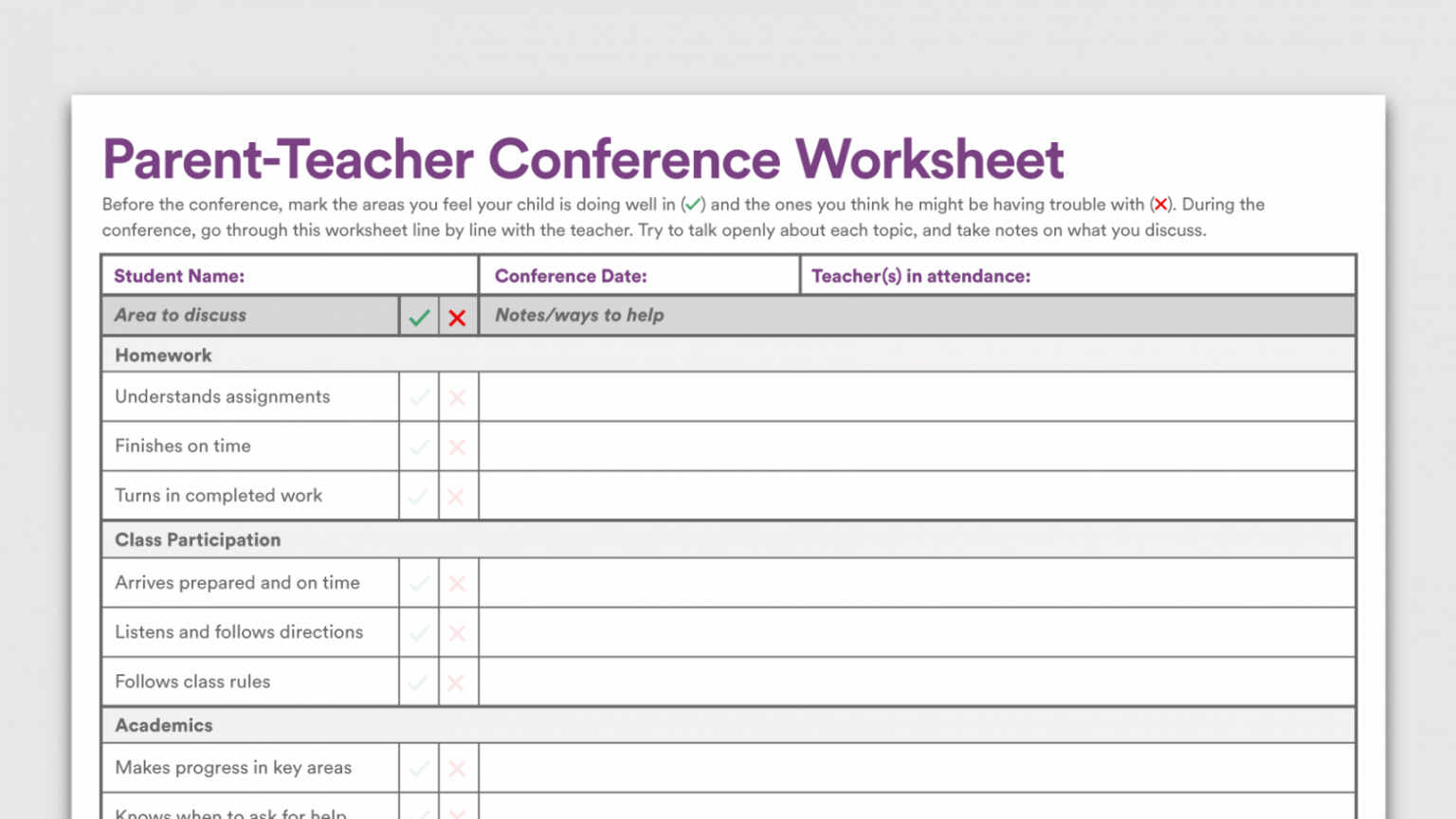 Printable Printable Parent Cher Conference Worksheet Form High School