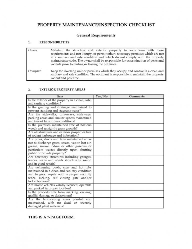 Printable Property Maintenance Inspection Checklist Legal Forms And 